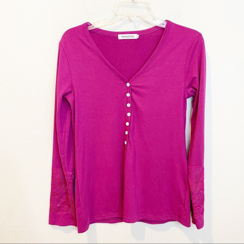 MISSLOOK  Boutique Lace Cuff Henley Long Sleeve Tee‎ Pink